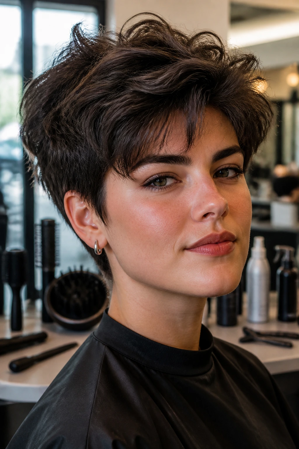 Portrait of a real person with short thick hair with styling tools visible in the background