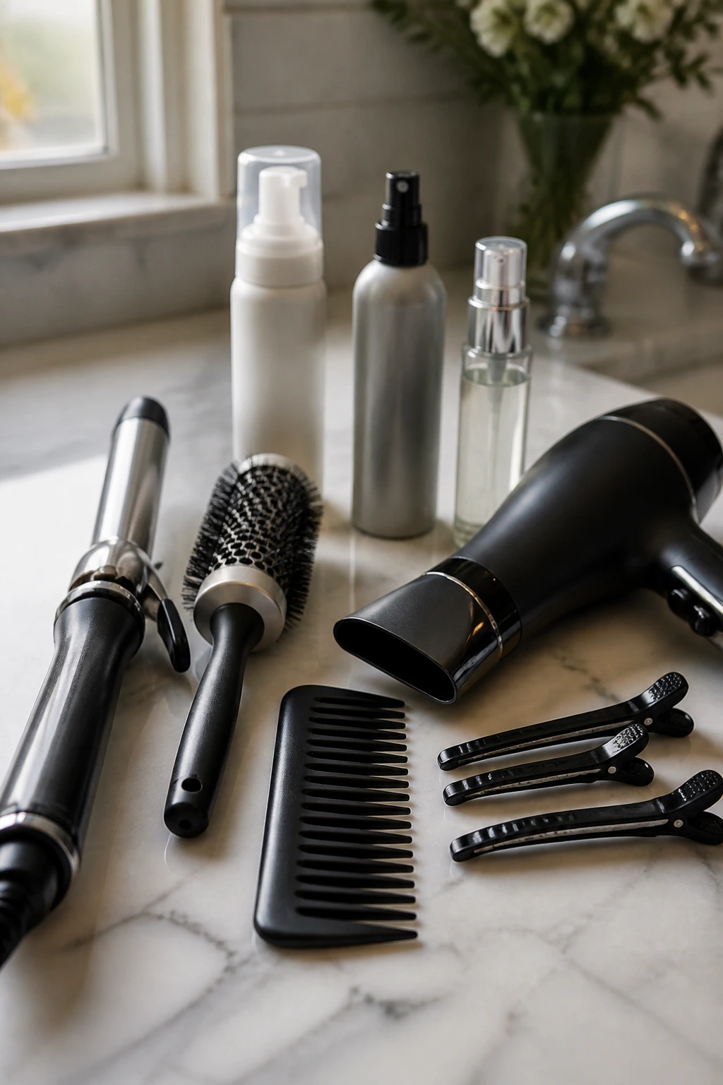 Macro close-up of styling tools on a bathroom counter dominating the frame.