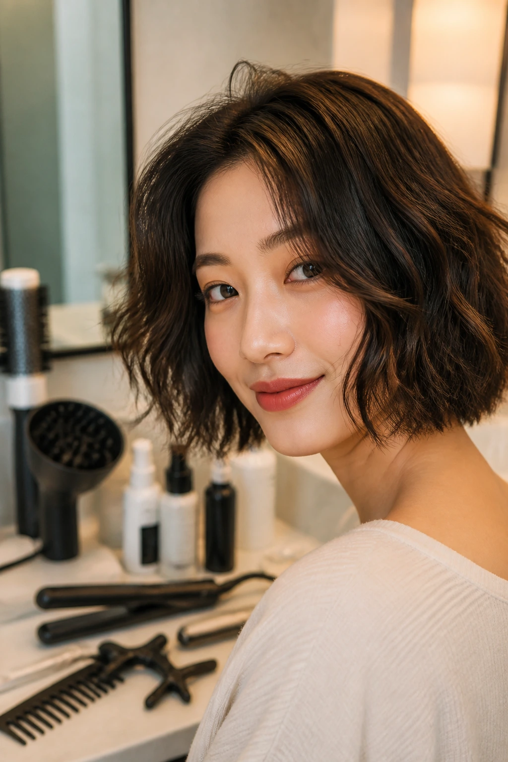 Portrait of a woman with a wavy bob with styling tools visible in the background.