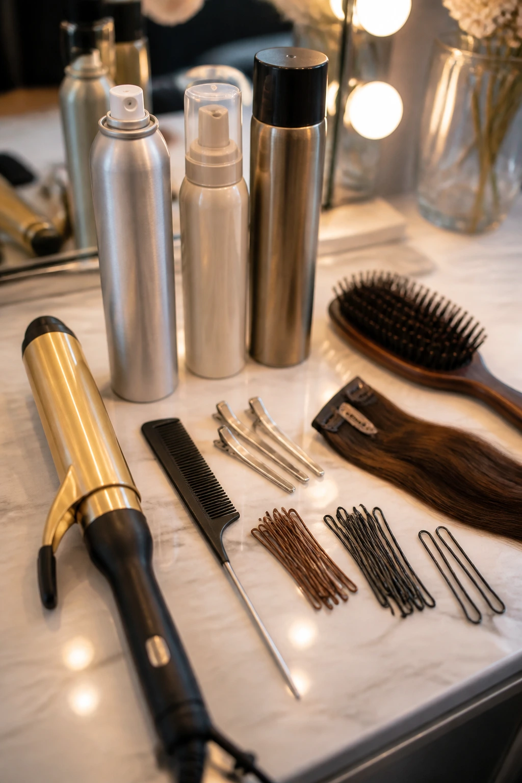 Close-up of essential styling tools arranged on a vanity for wedding hair