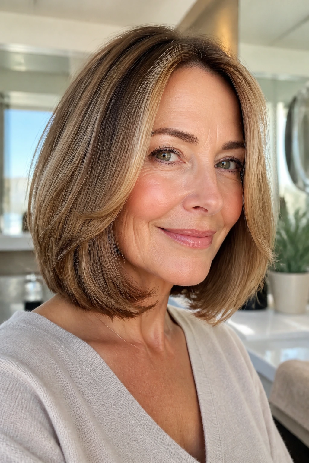 Portrait of woman showing soft bend and shine in long bob