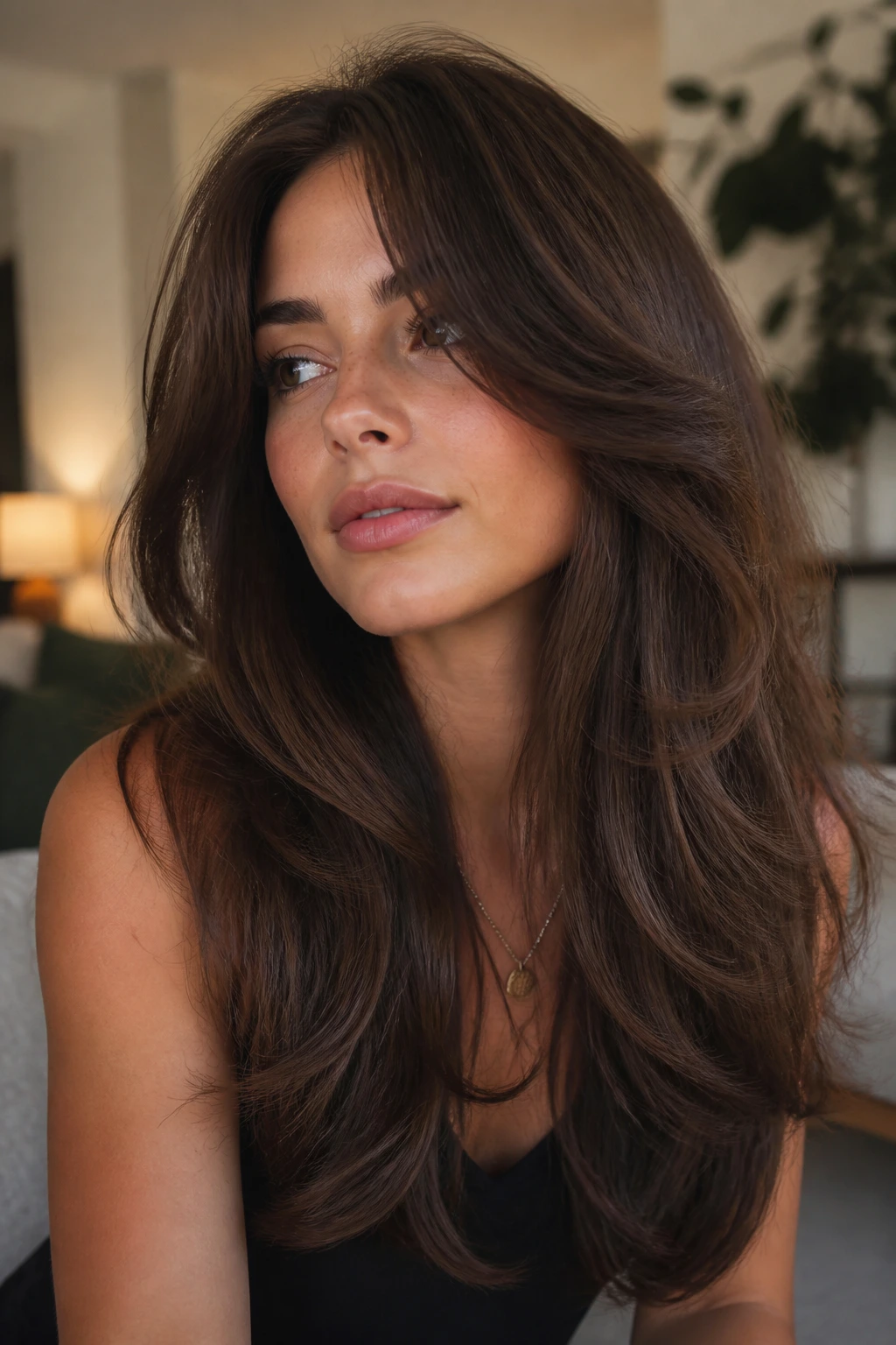 Close-up portrait of a woman with long layered hair styled for multiple moods.