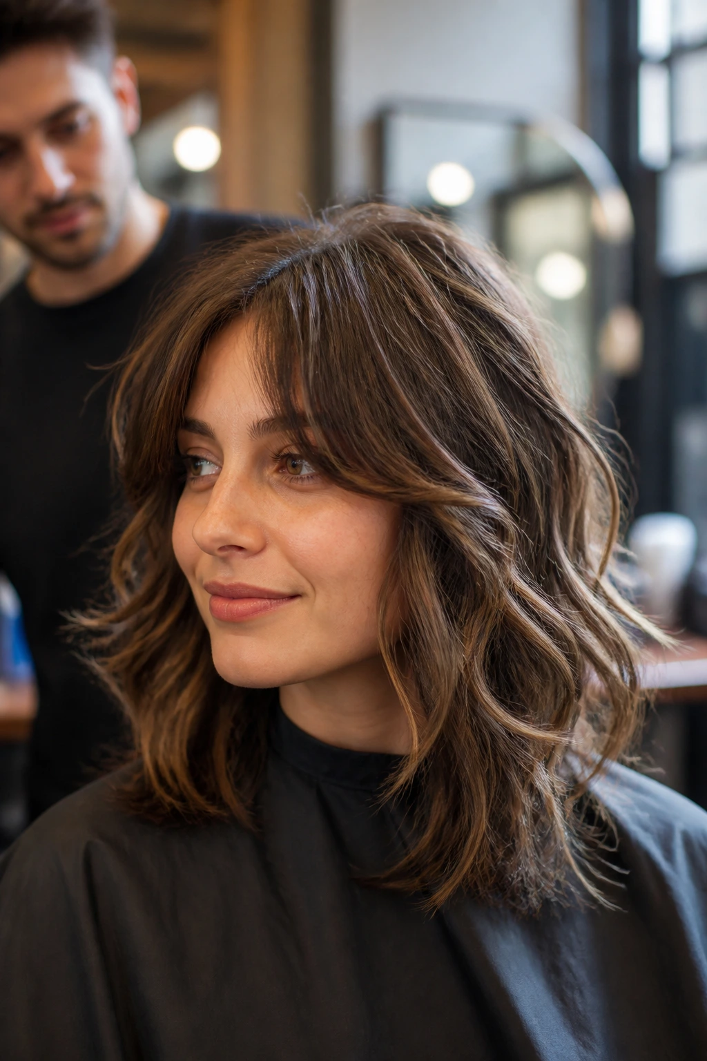 Client with layered wavy haircut in a salon chair