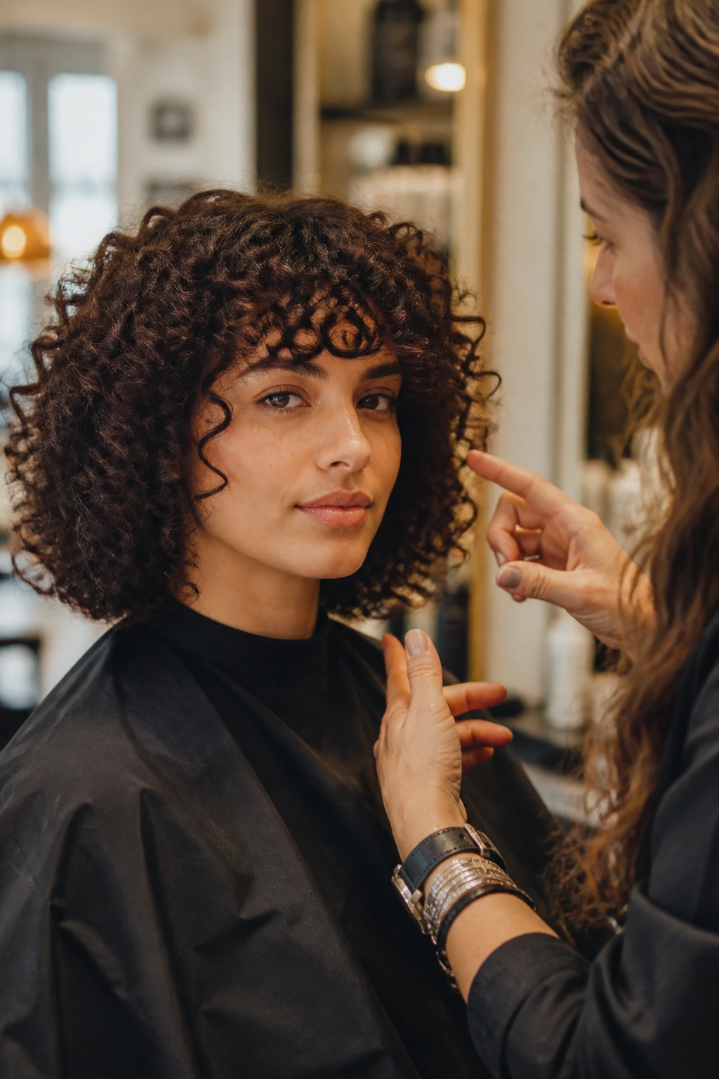 Close-up of a client and stylist in a salon discussing hair shape