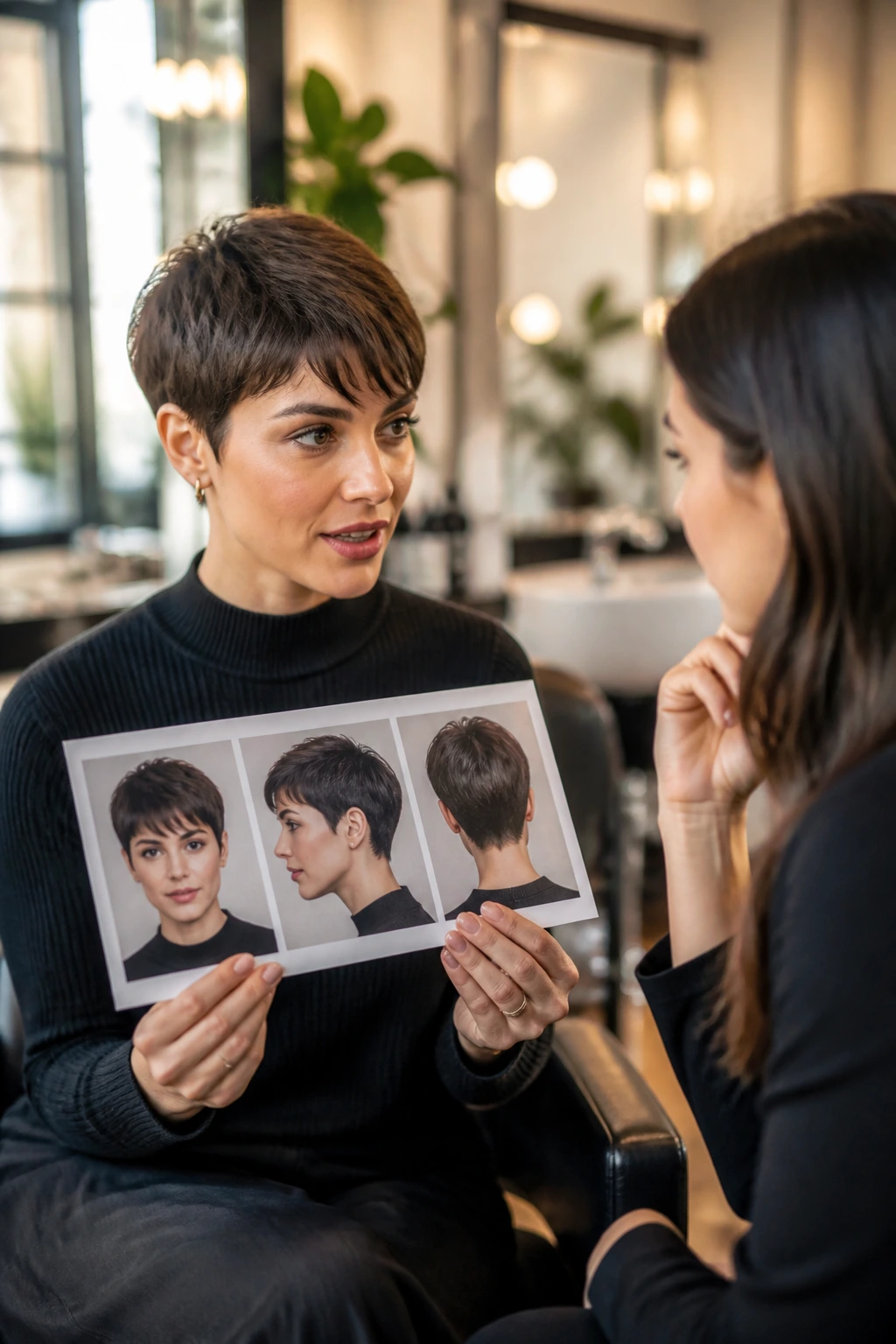 Close-up of client and stylist in a salon briefing, discussing hairstyle photos