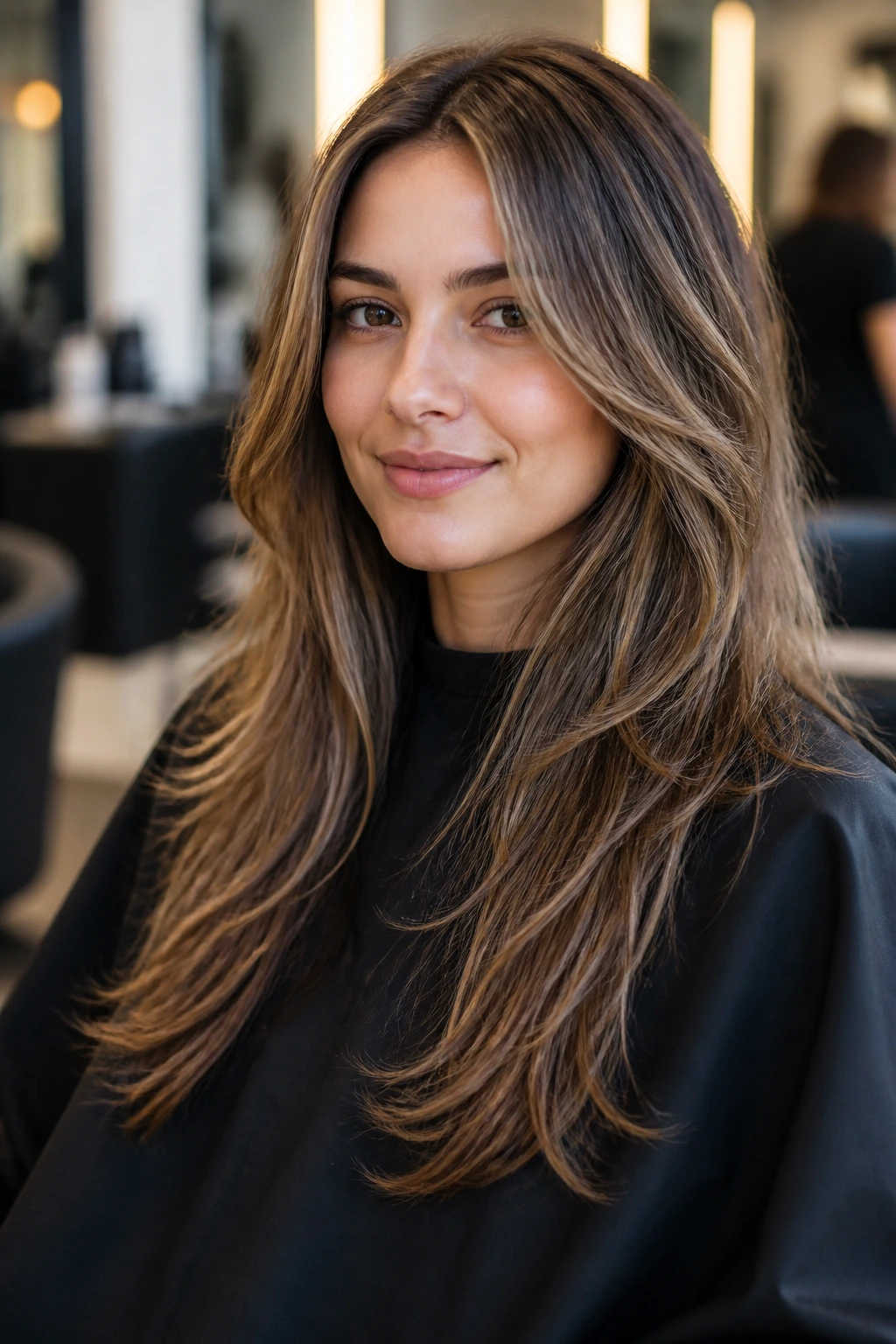 Close-up of a real person in a salon chair with hair showing face-framing landmarks