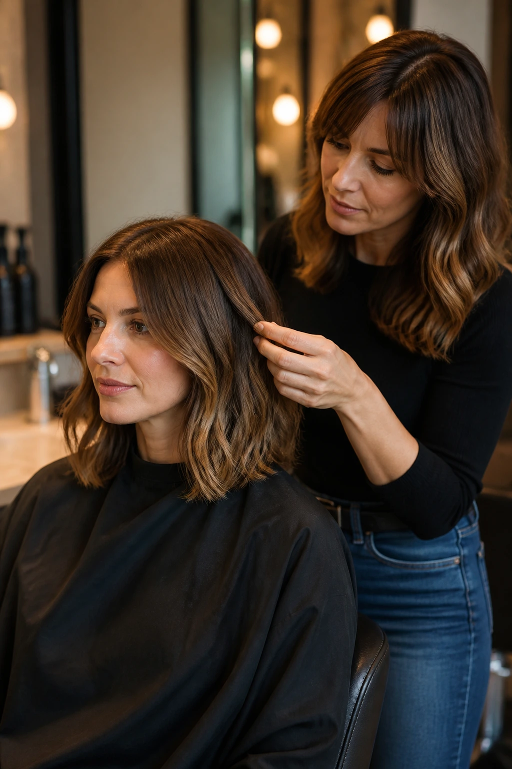 Client and stylist discussing hairstyle in a salon