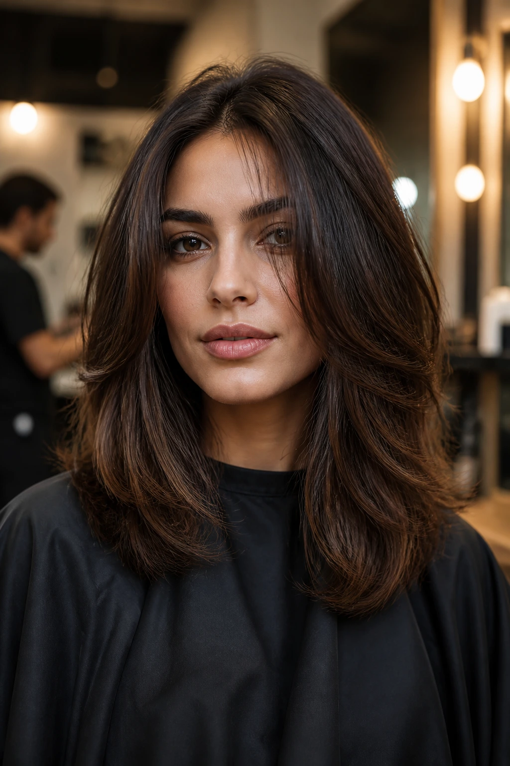 Real person in salon chair discussing haircut, hair framing the face