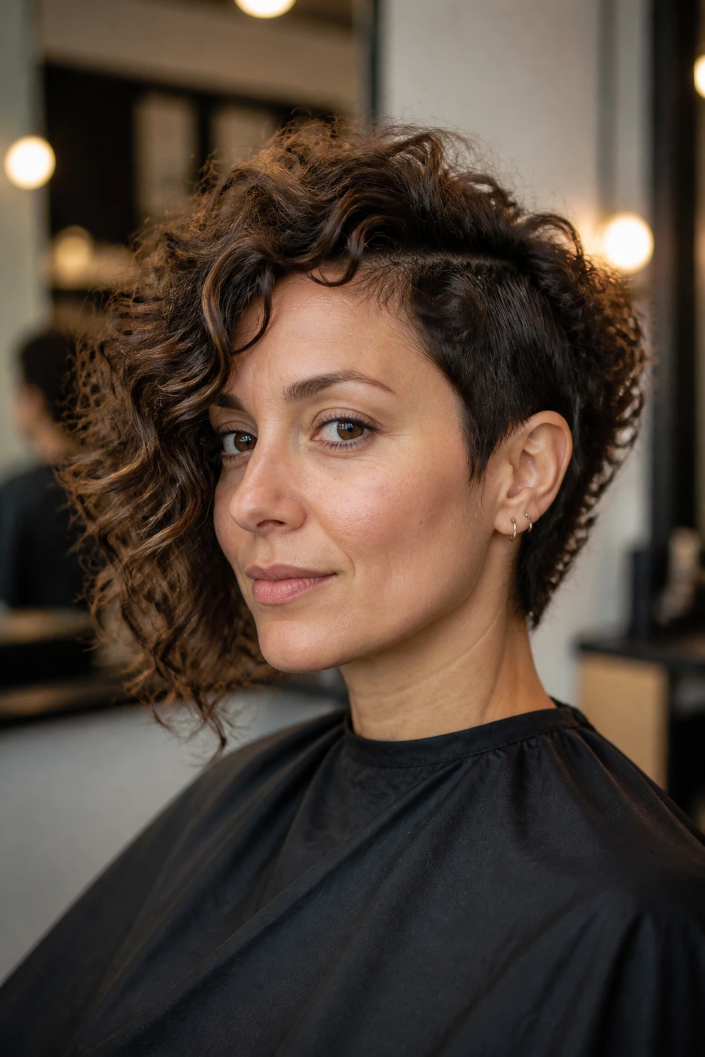 Client in salon cape with asymmetric hair shape