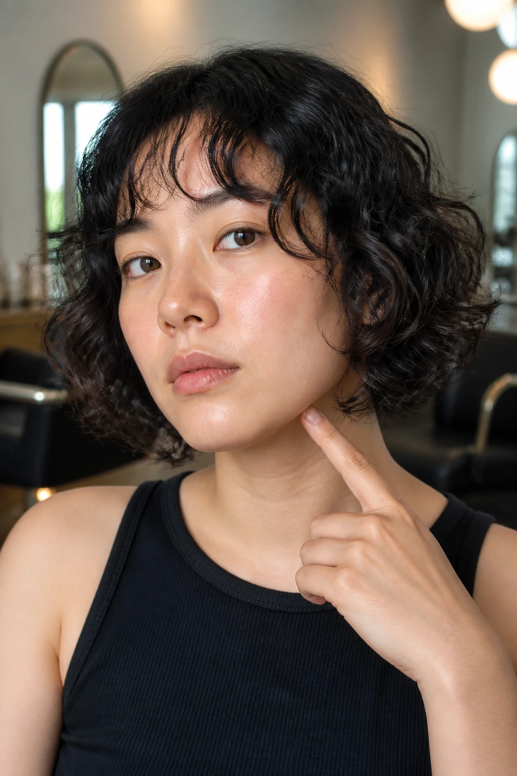 Portrait of a person in a salon showing how to indicate desired length to stylist