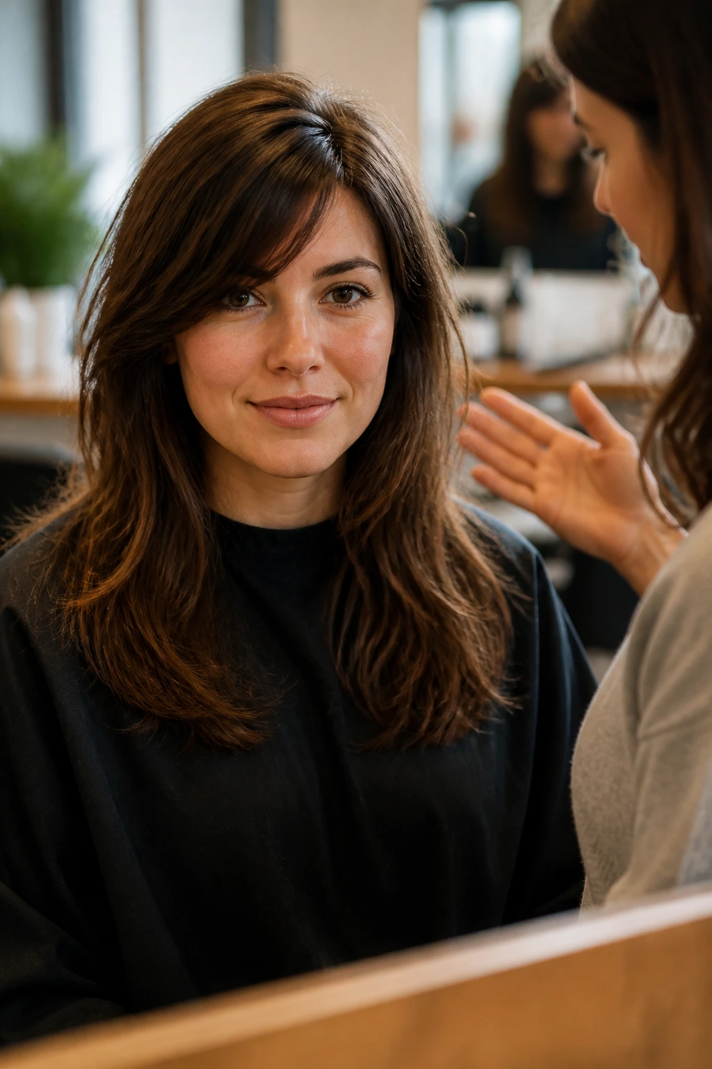 Portrait of a client in a salon discussing fringe details with her stylist