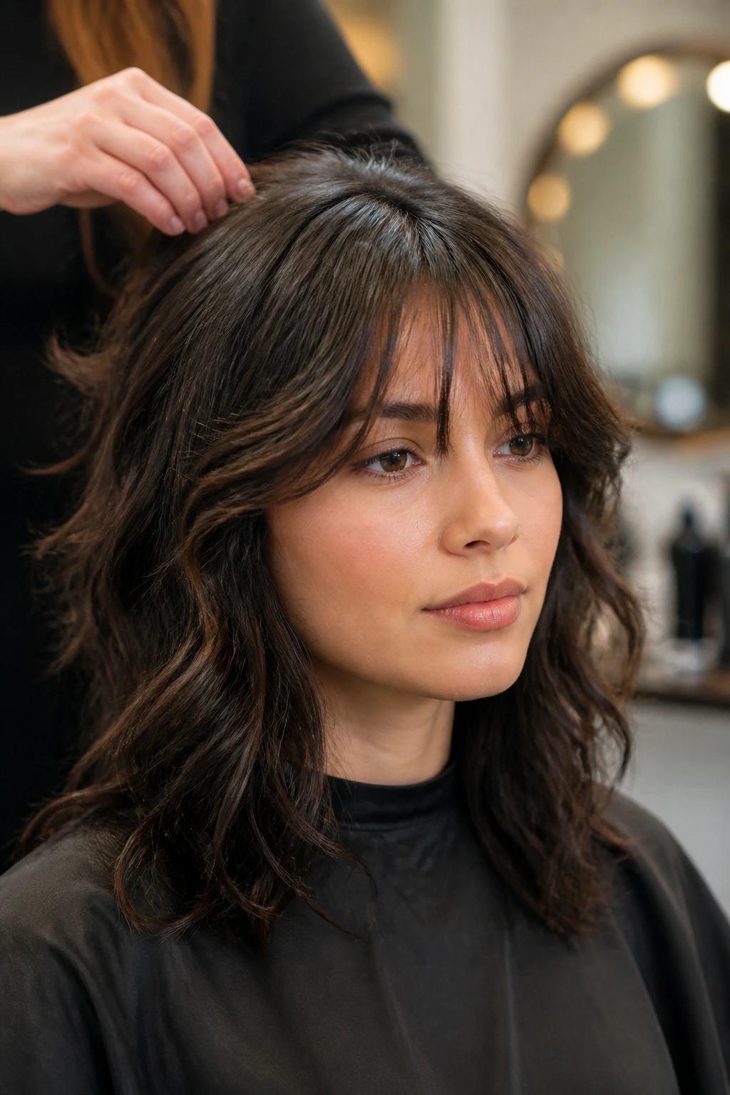 Portrait of a woman in a salon preparing to discuss bangs with her stylist