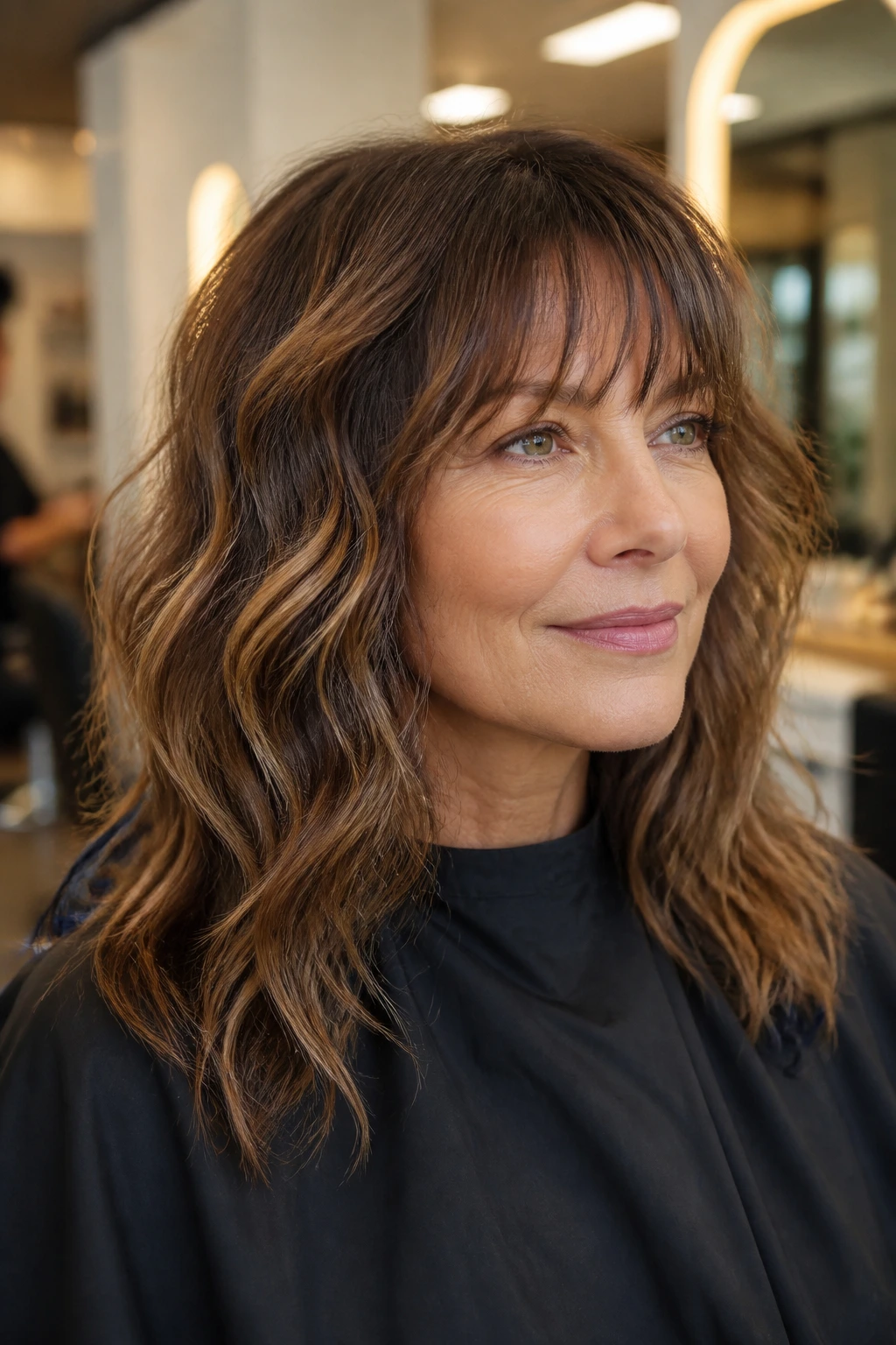 Close-up of a real woman in a salon chair with bangs in a natural wave