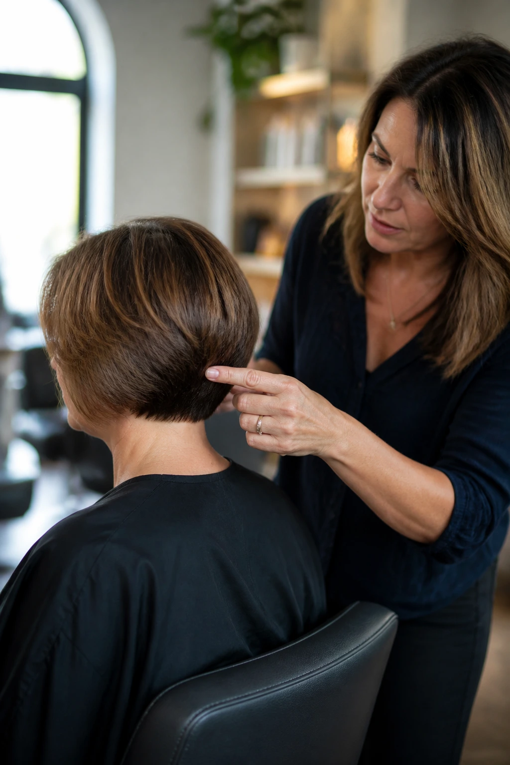 Real client and stylist in a salon discussing bob shape with warm window light