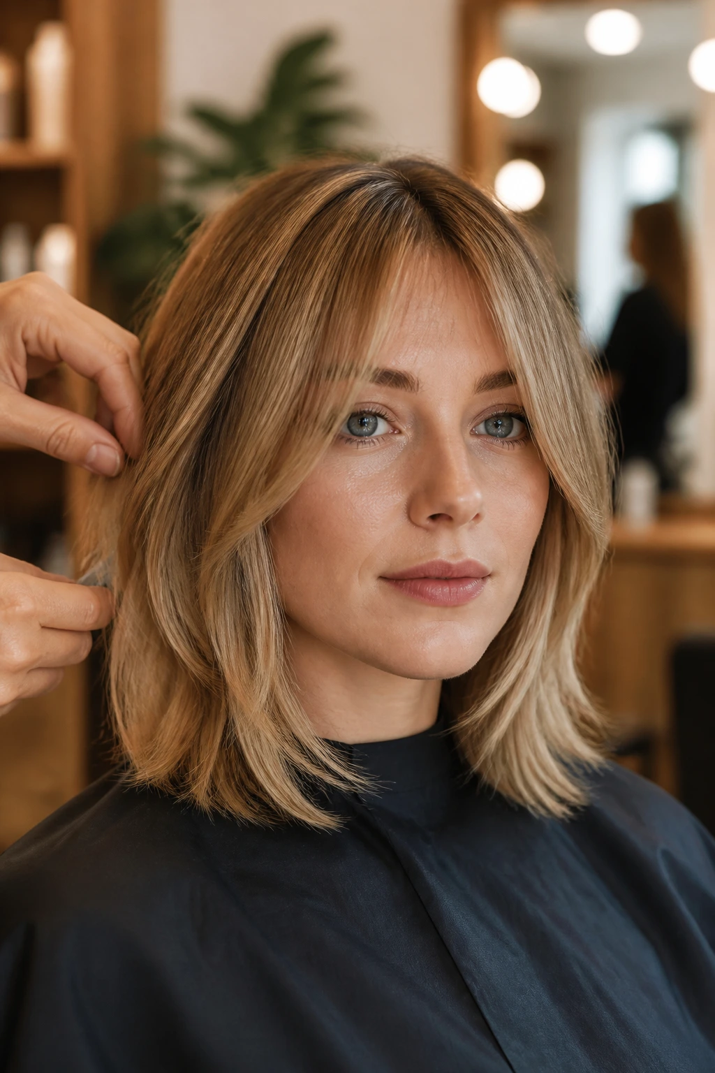 Real woman in a salon chair discussing hairstyle with a stylist