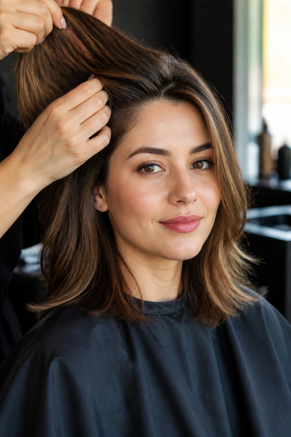 Portrait of a woman in a salon chair discussing fringe details with a stylist
