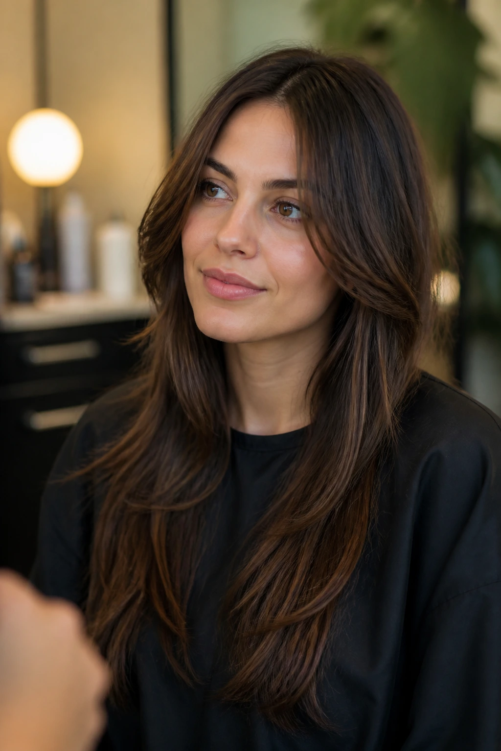 Close-up of a woman in a salon chair planning her haircut with visible front layers.