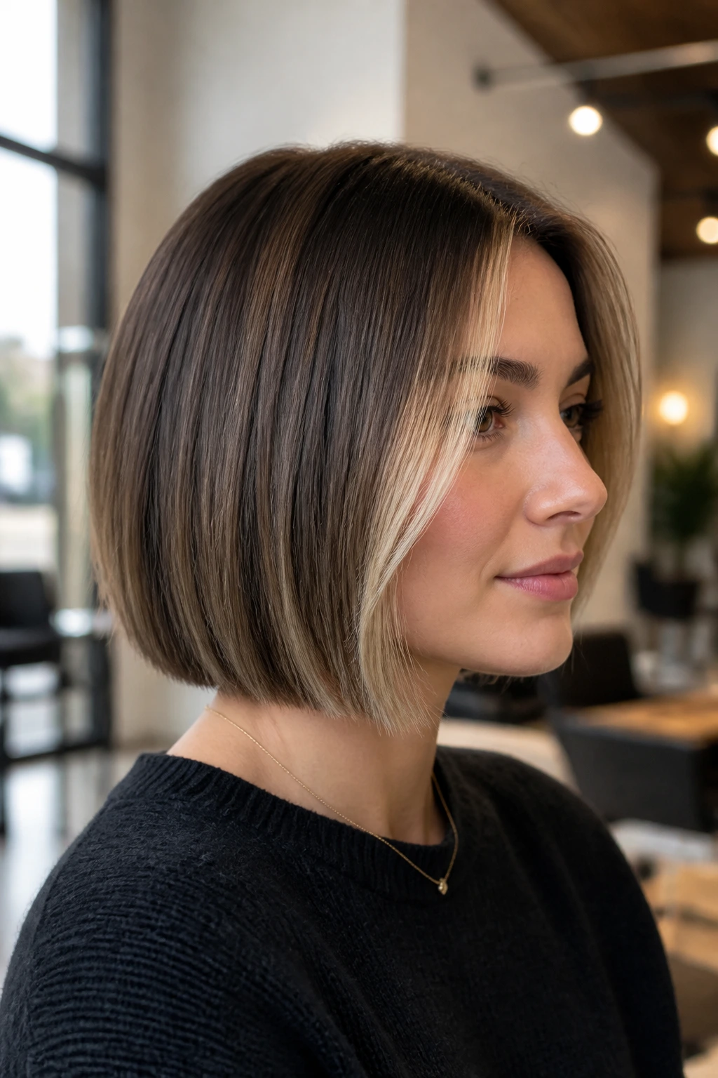 Portrait of woman discussing haircut details in a salon