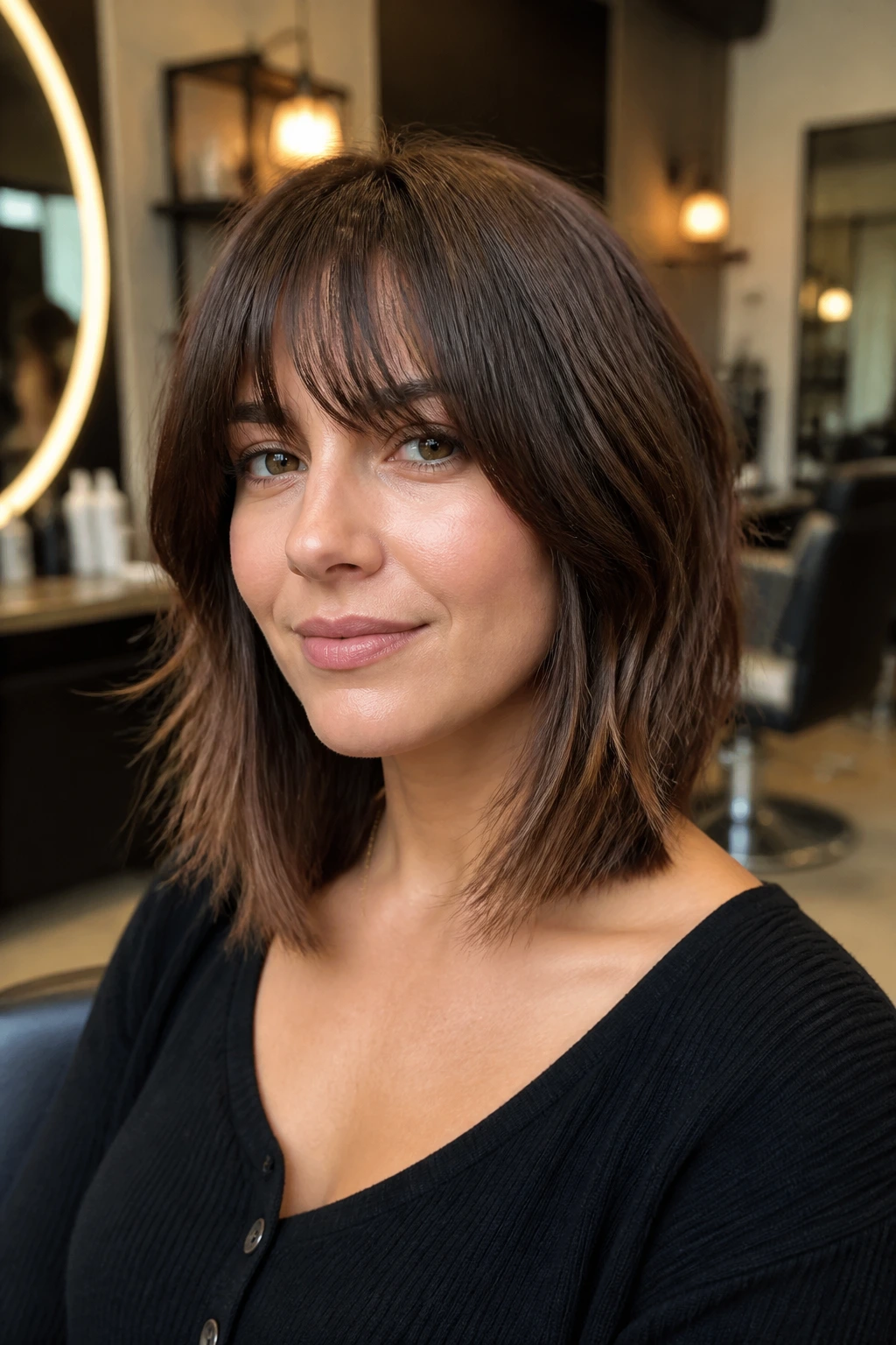 Real woman in salon chair discussing fringe and length with stylist