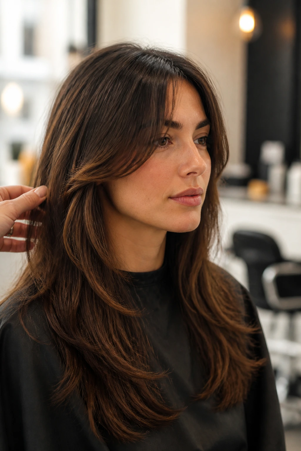 Real woman in a salon, hair front pieces positioned for cheekbone or jaw before first snip