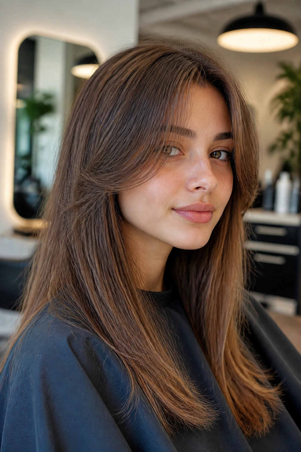 Close-up of a person in a salon chair discussing haircut details