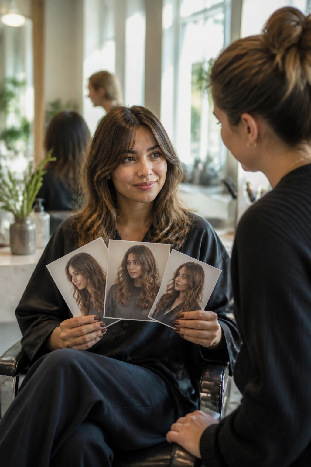Client with photos discussing haircut details with a stylist in a salon