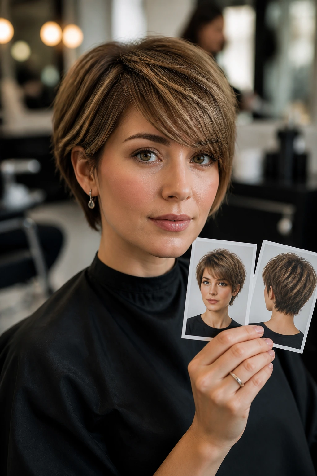 Woman in salon chair holding reference photos for stylist
