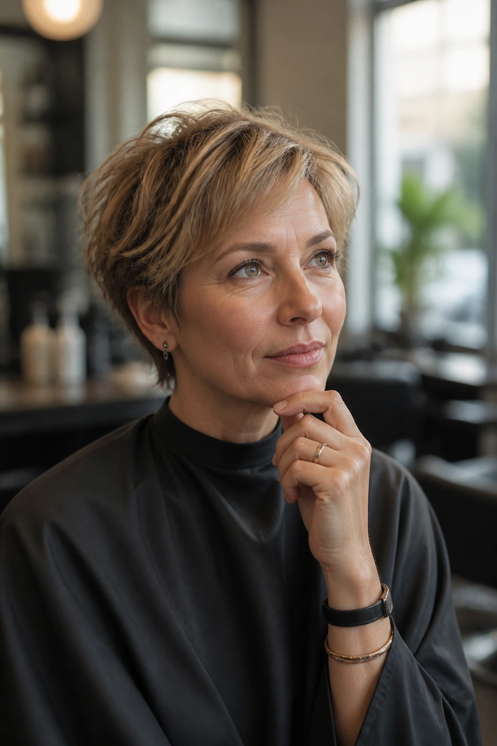 Real woman in a salon chair contemplating questions before a haircut