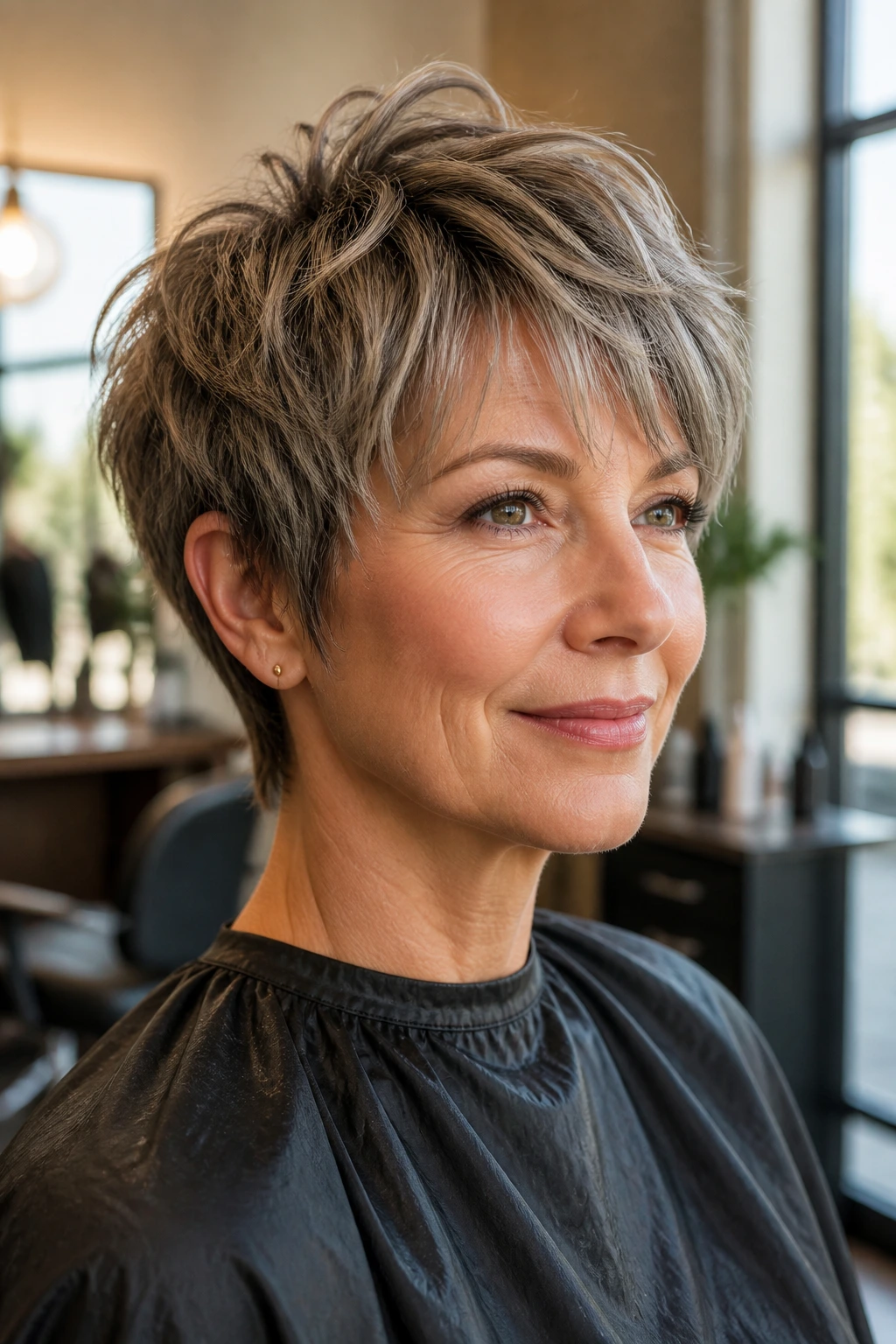 Portrait in salon showing fringe length, crown height and texture on shag pixie