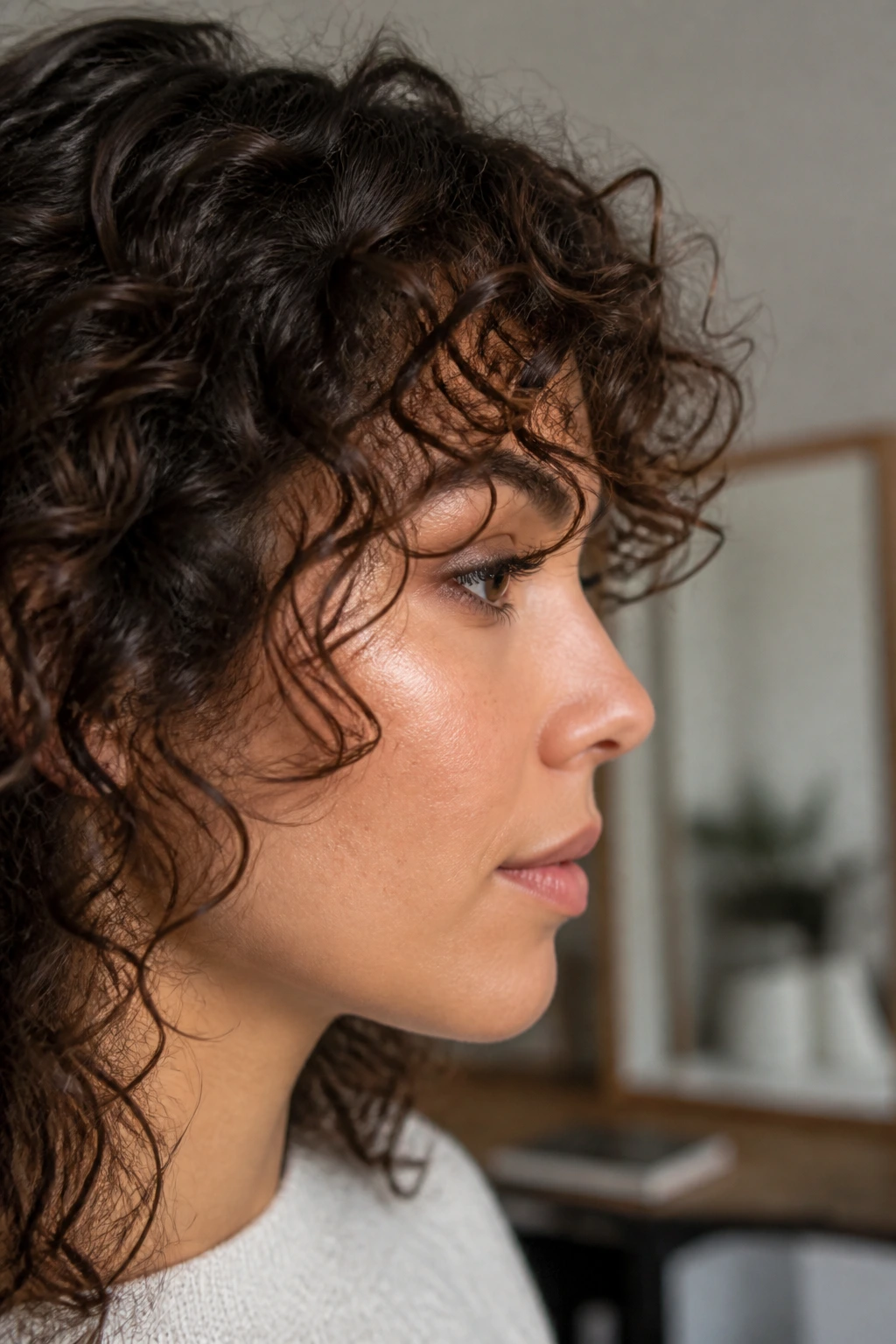 Side-profile close-up showing dry-check fringe and initial shaping cues.