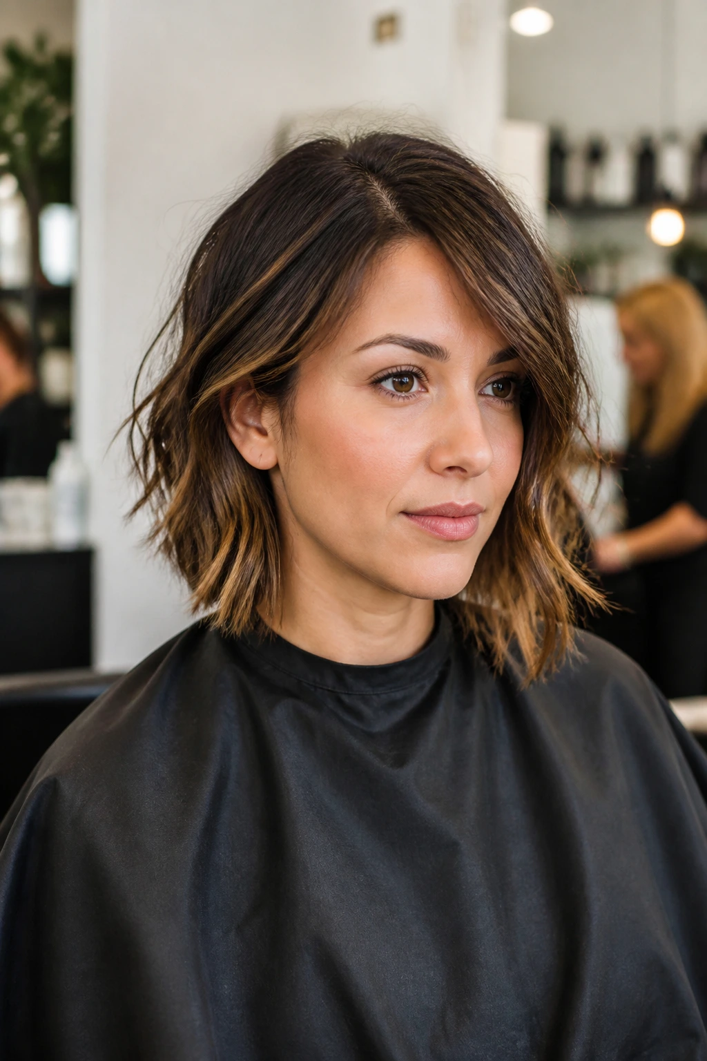 Real woman in a salon chair ready to discuss her bob cut
