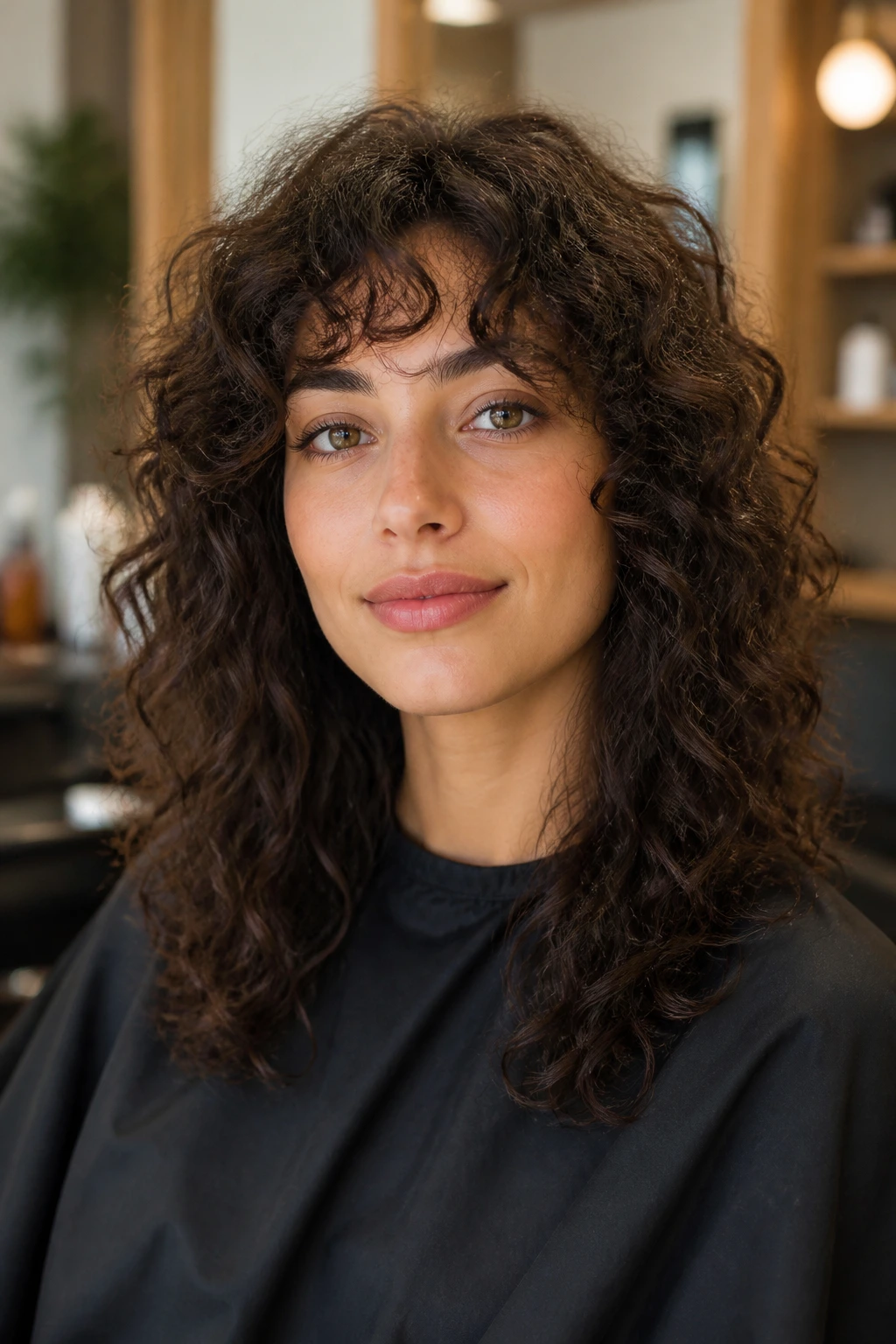 Real woman in a salon chair ready for haircut, with natural curls