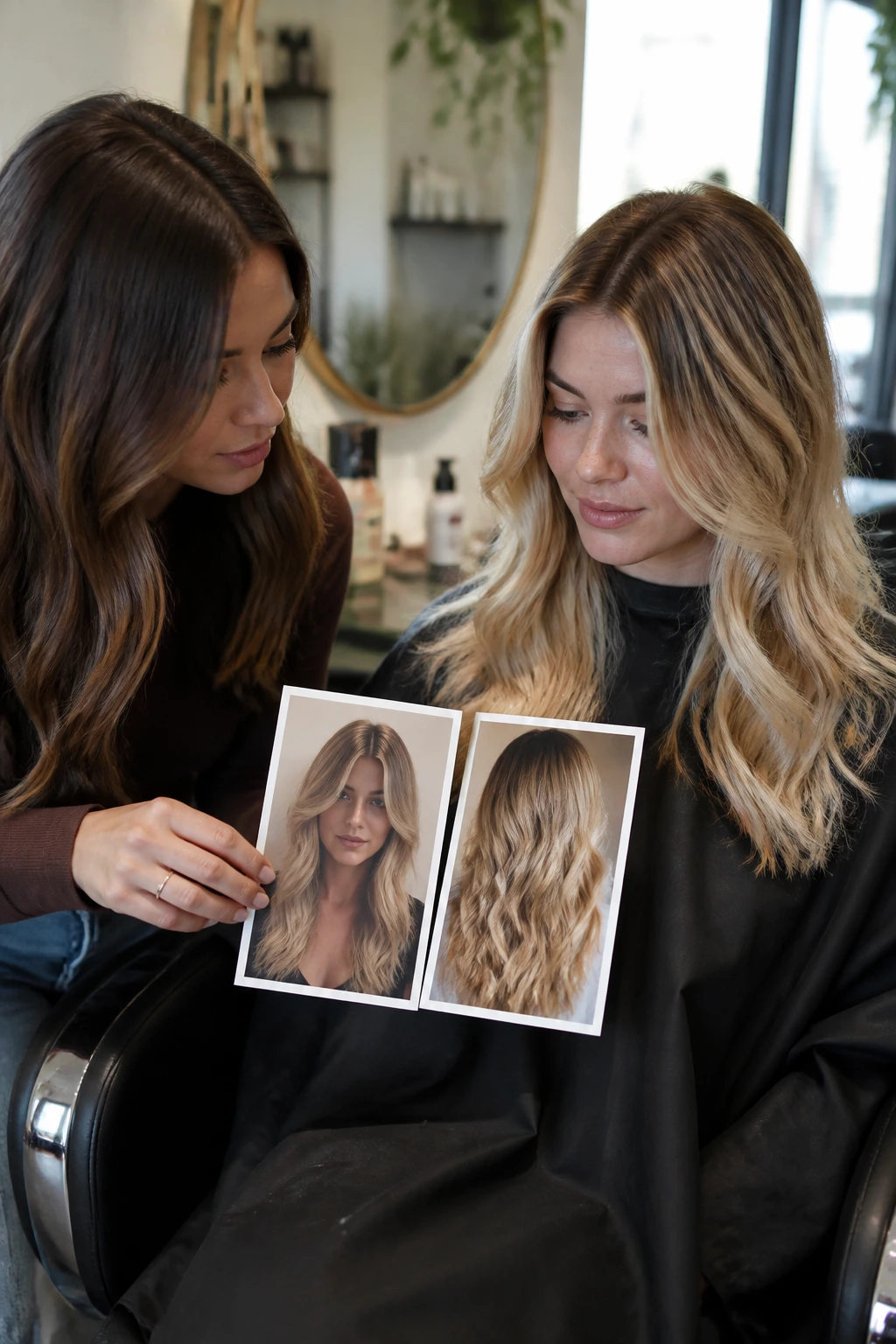 Client and stylist in a salon briefing over two reference photos for cut and blonde placement.