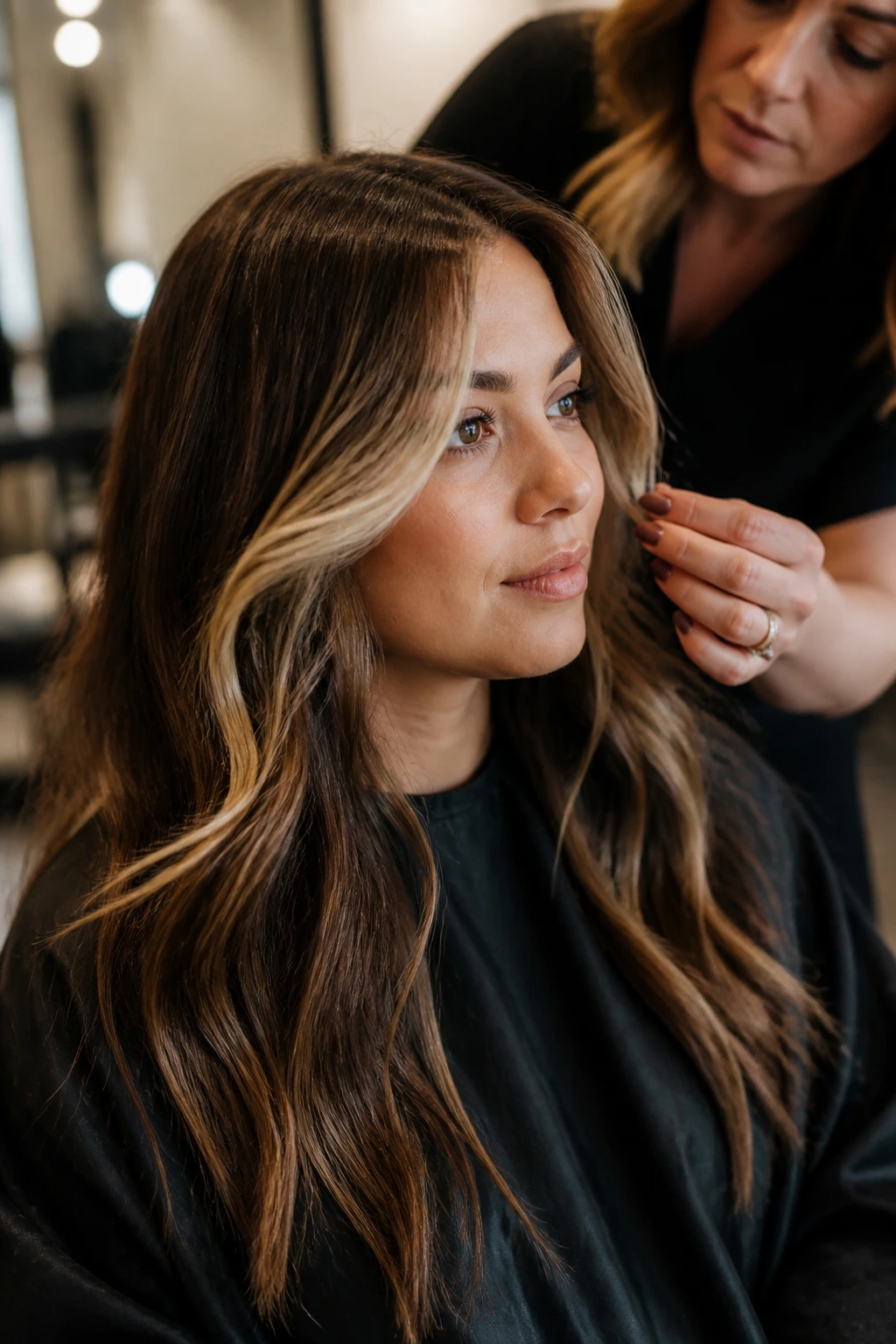 Portrait of a real person in a salon discussing hair placement with a stylist in the background