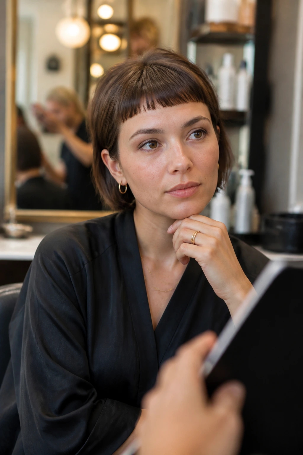 Person in a salon chair considering questions about bangs