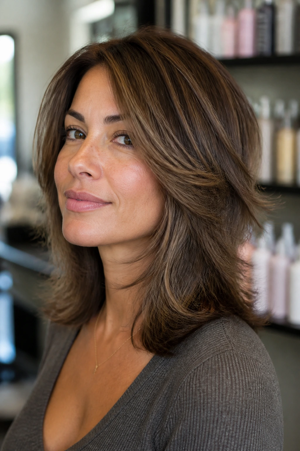 Portrait of a woman with feathered layers in a salon setting asking questions about styling products.