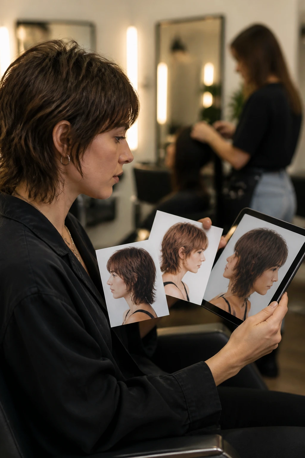 Side-profile client in a salon reviewing reference photos for a shag haircut