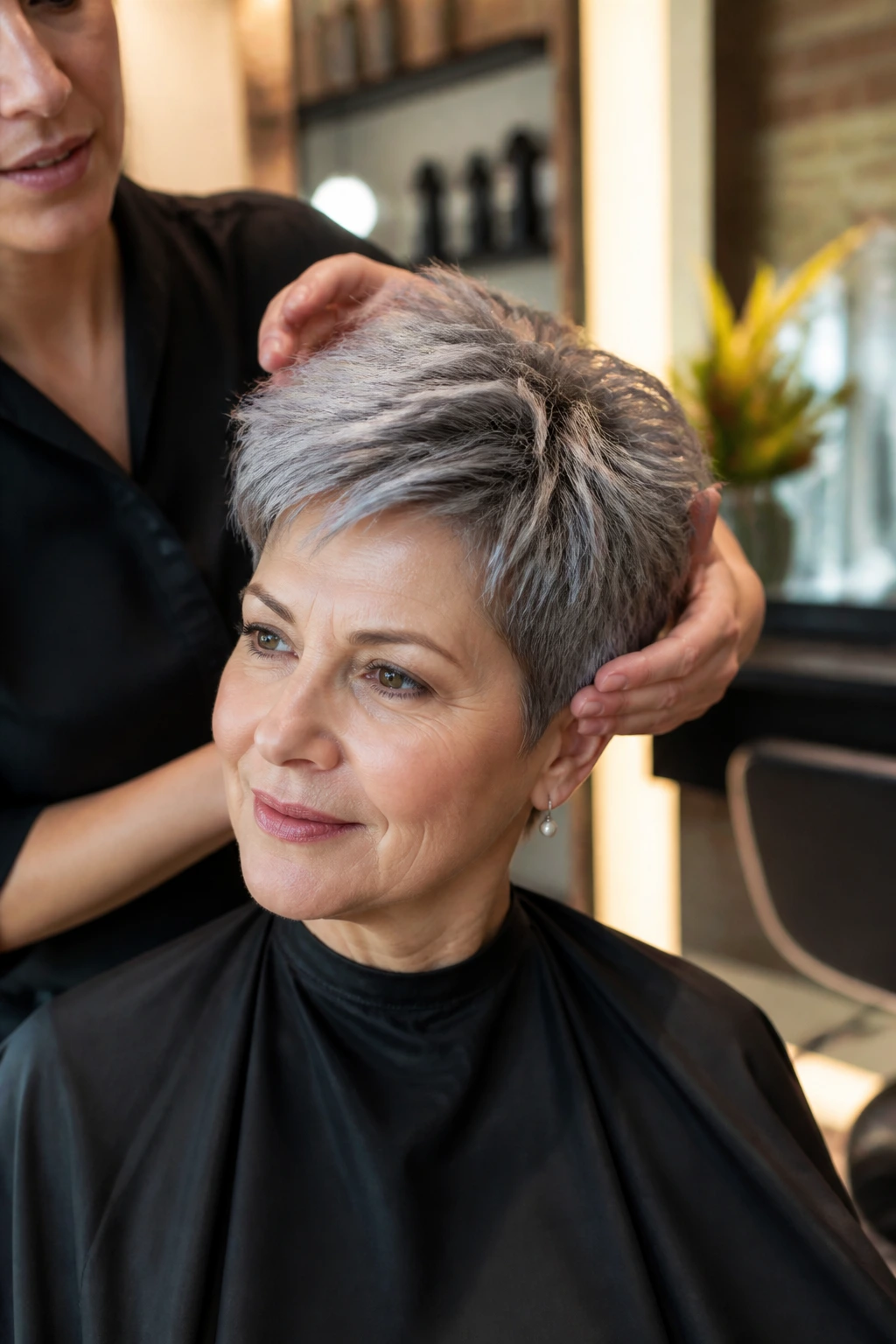 Portrait in a salon showing client and stylist discussing trim details.