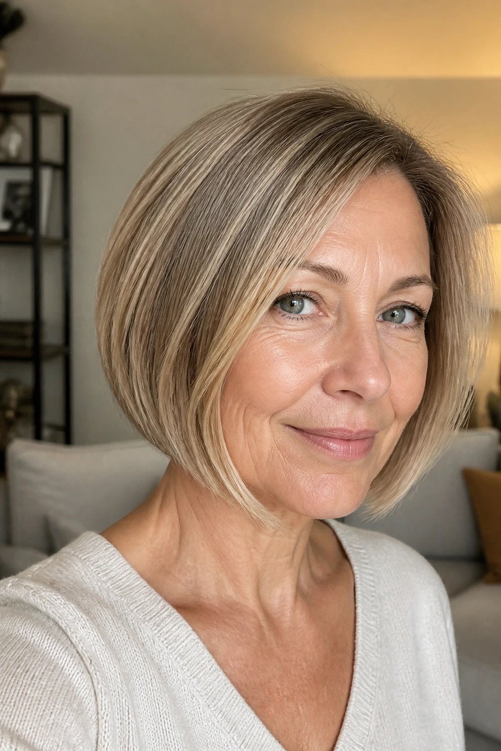 Close-up of a real woman with a bob and subtle face-framing around the jawline