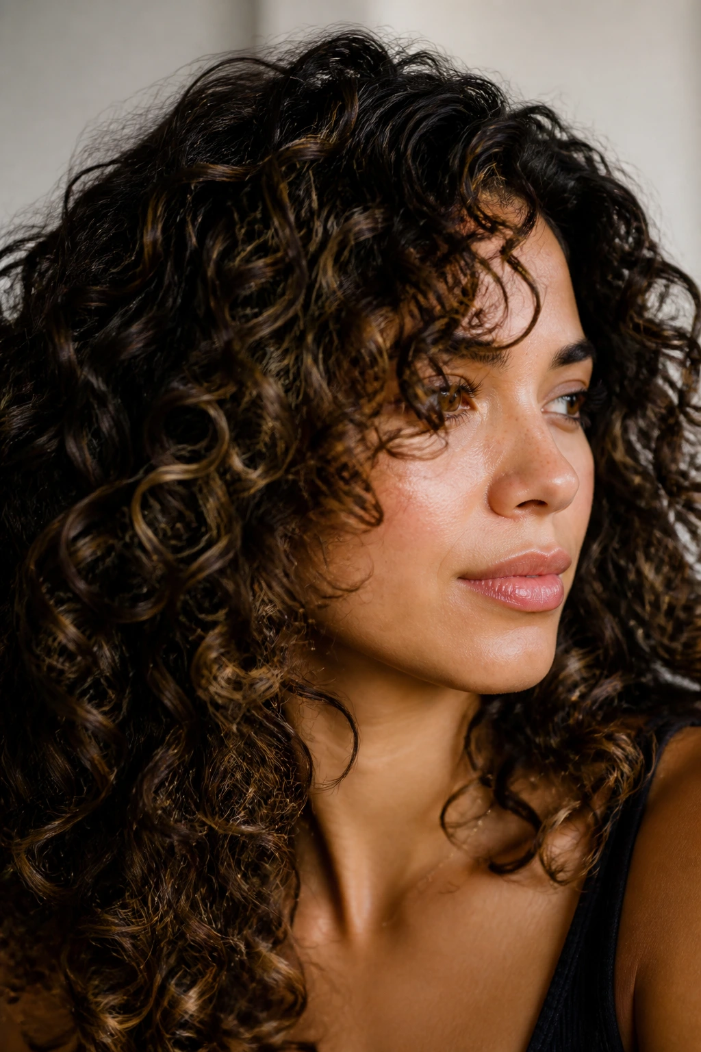 Close-up of a real person with subtle barely-there highlights in curly hair under soft studio lighting