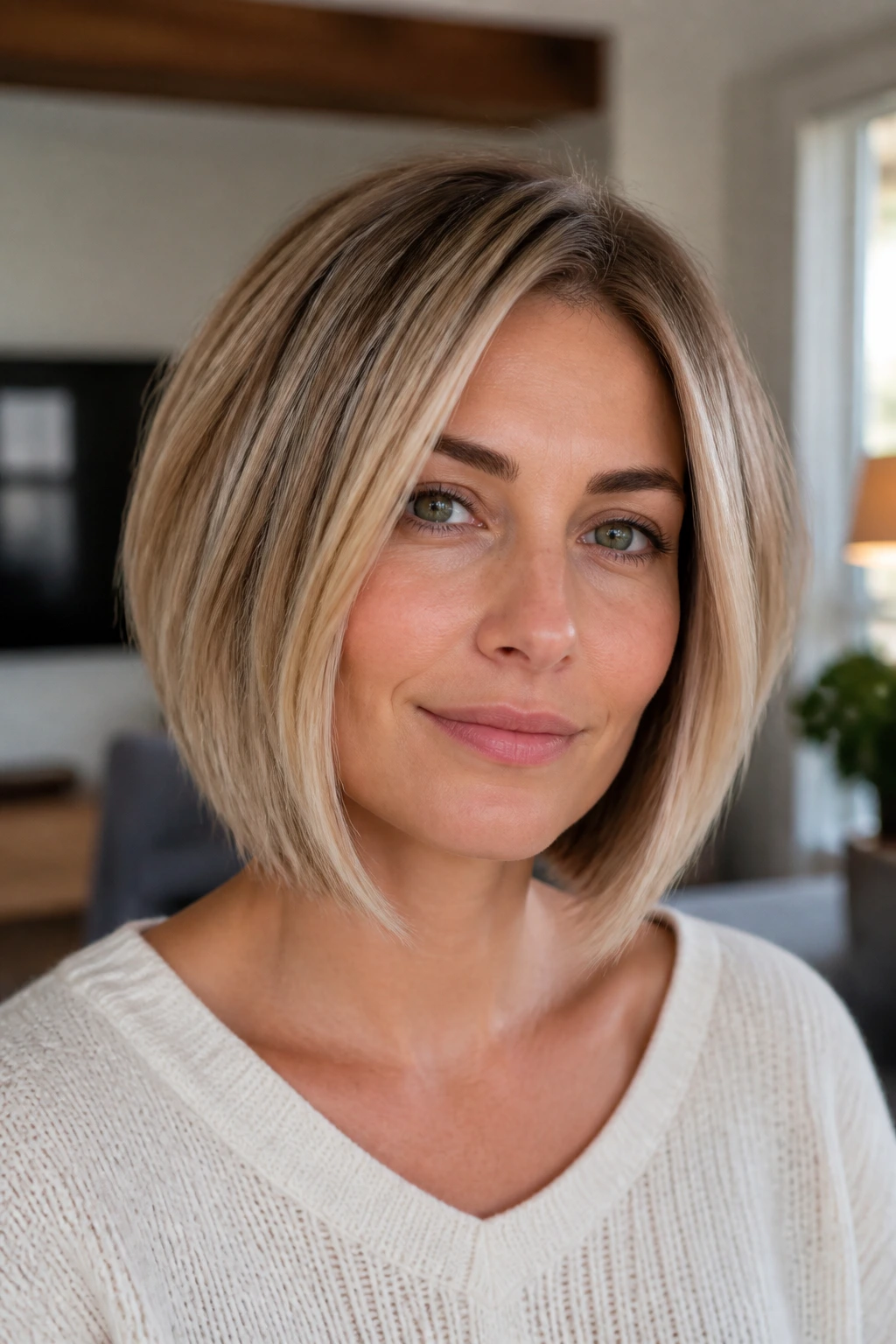 Portrait of a real woman with subtle inverted lob highlighting jawline