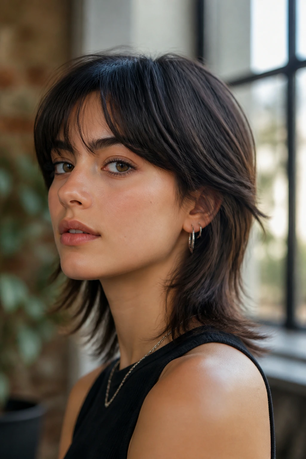 Real person with a subtle mullet hairstyle, straight hair, in a bright loft setting