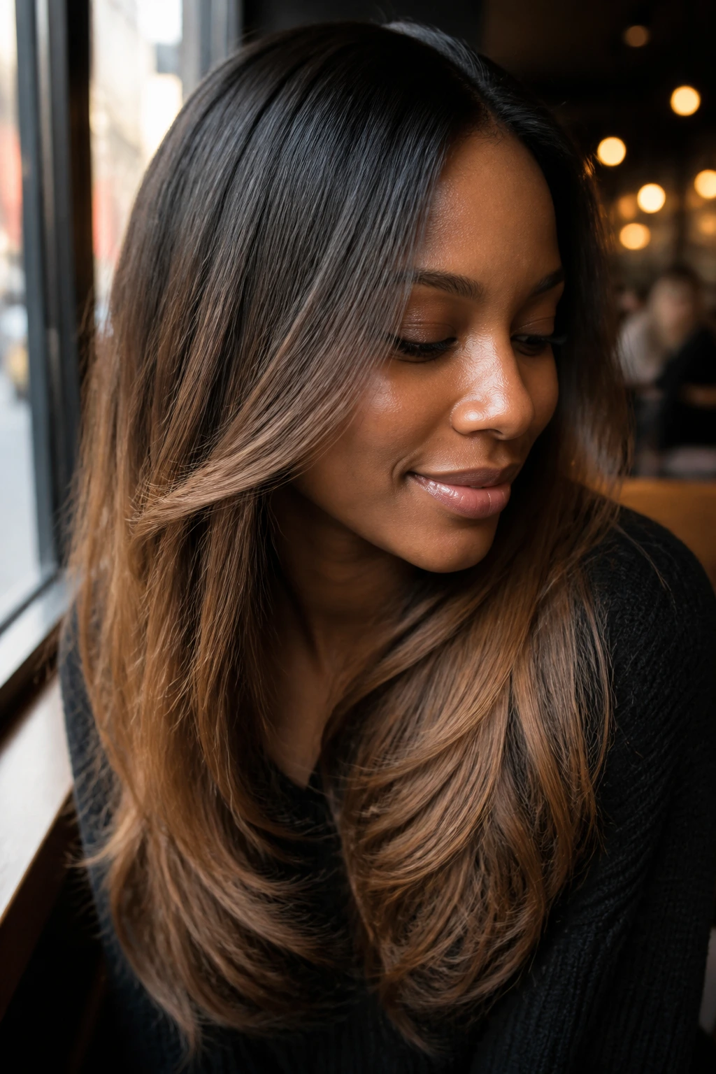 Close-up of a real person with subtle ombre on thin hair.
