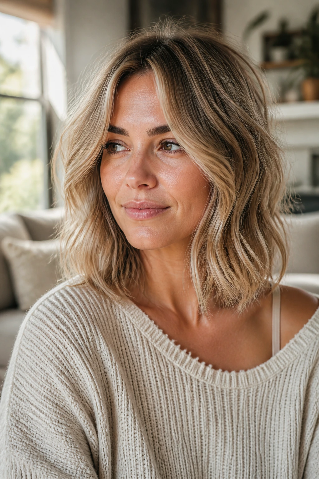 Close-up of a real woman with a subtle shag lob in warm window light