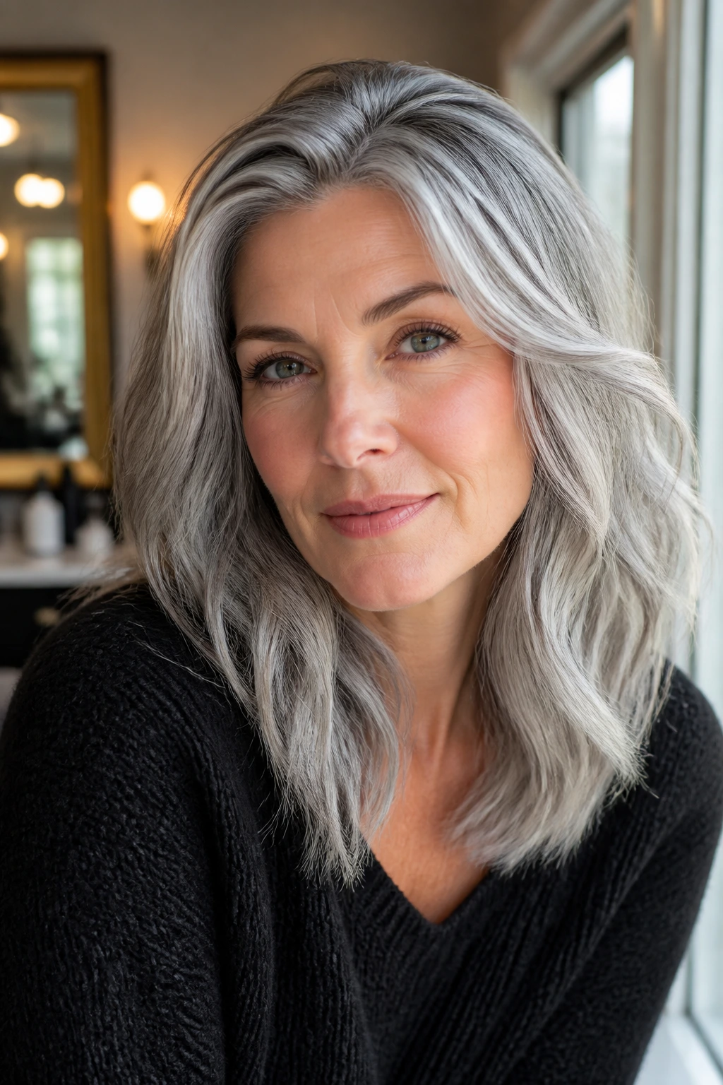 Close-up portrait of a person wearing a subtle, natural silver wig with rooted shade