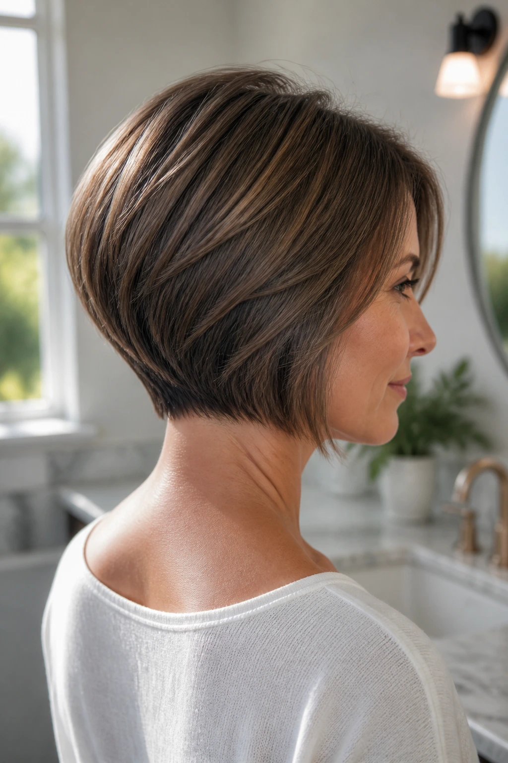 Back view of a real person with a subtle stacked bob showing nape layers