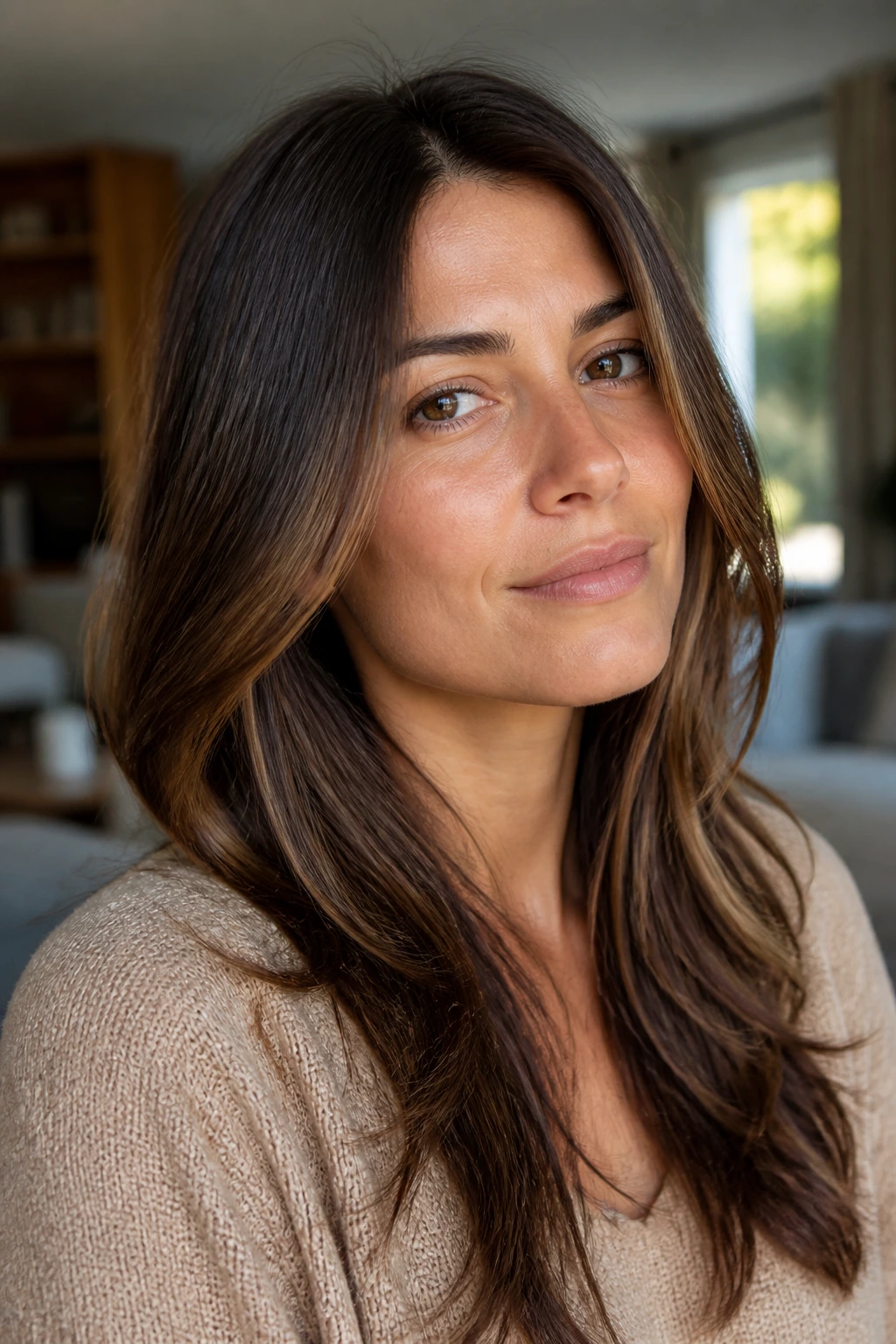 Close-up portrait of a real woman with subtle step layers softly framing a square-face jaw in warm window light