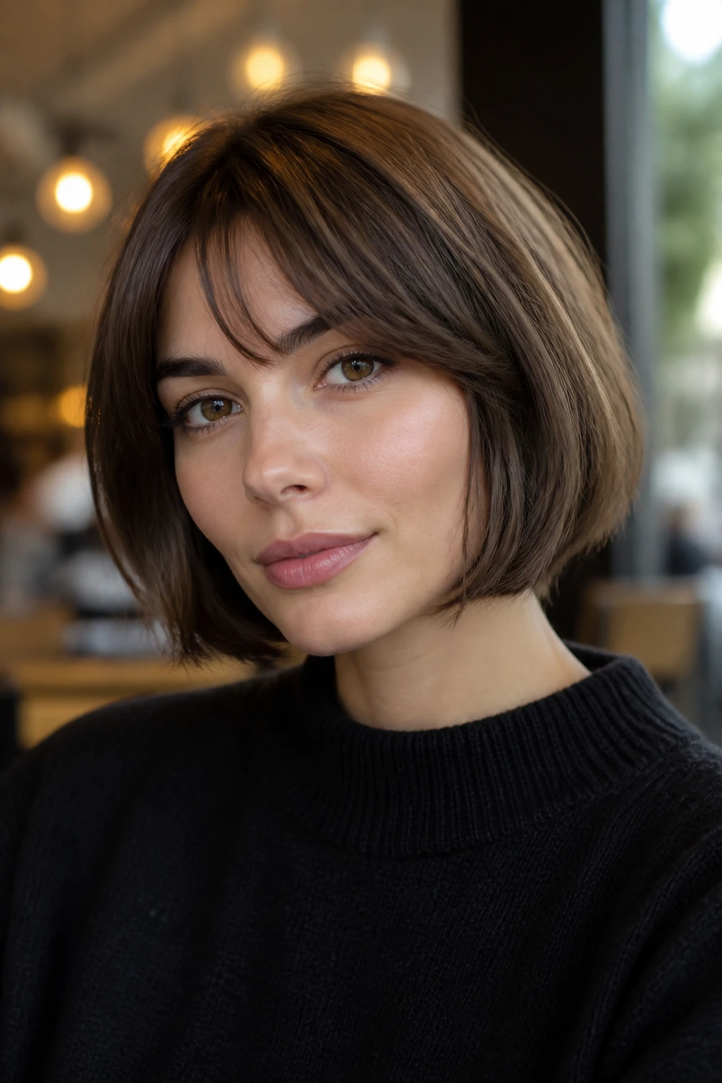 Real person with suede brown French bob and soft matte lowlights