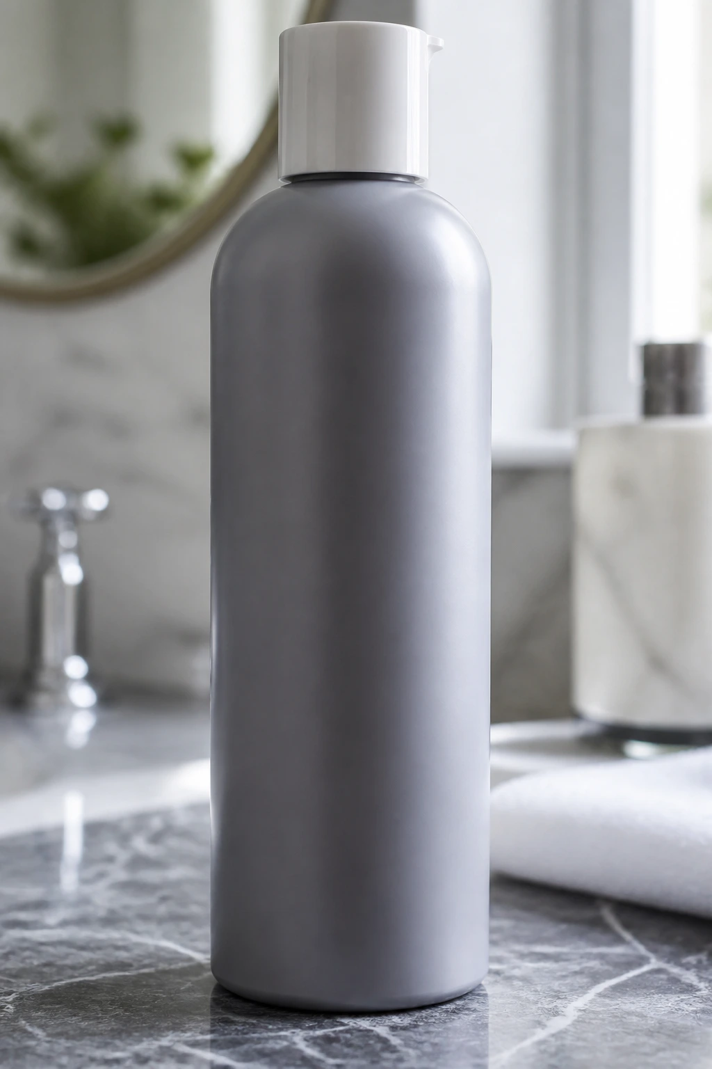 Close-up of a plain-label sulfate-free grey shampoo bottle on a bathroom vanity with natural daylight
