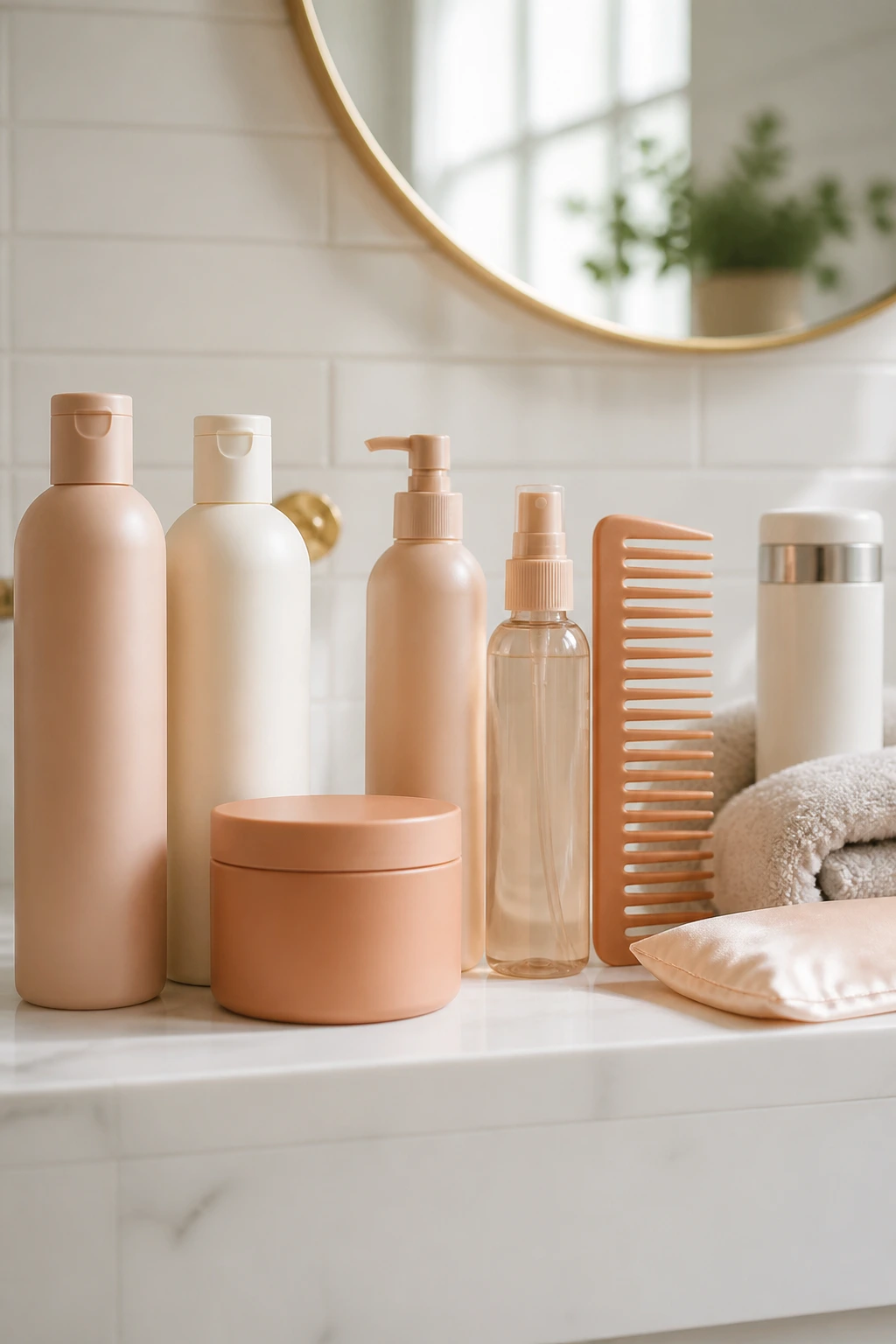 Row of unlabeled hair care bottles and a color-depositing mask on a bathroom shelf.